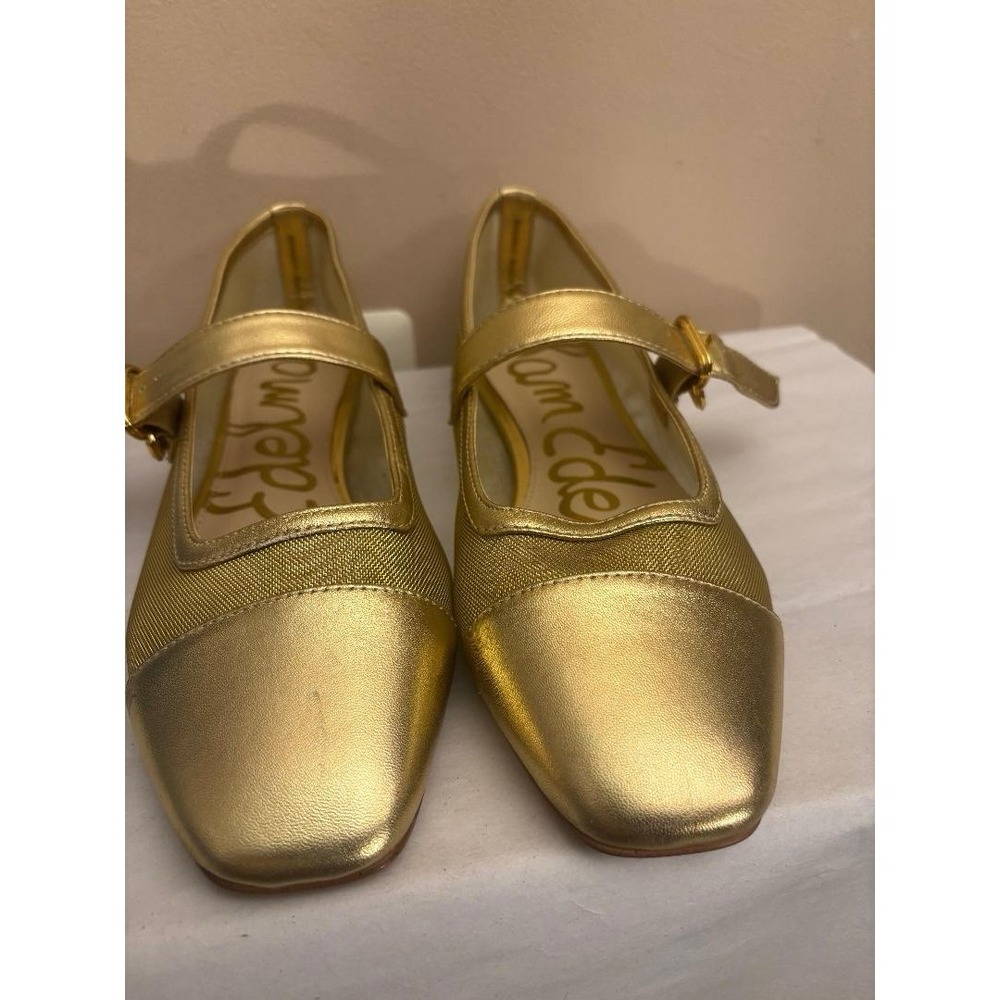 Size 8.5- Sam Edelman Gold Mesh Square Toe Mary Jane Flats Buckle Strap - Picture 2 of 7